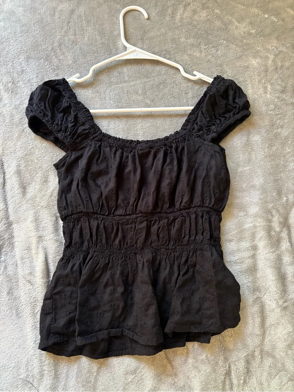 Old Navy Black Smocked Peplum Blouse with Puff Sleeves